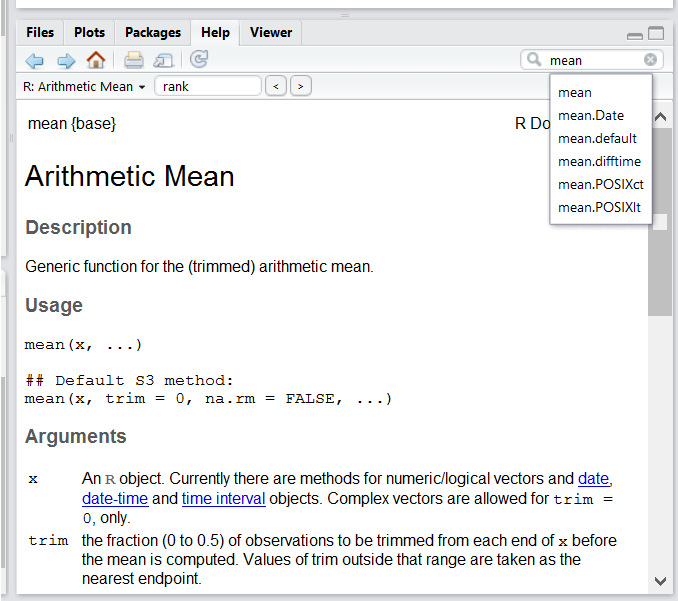 The RStudio help interface